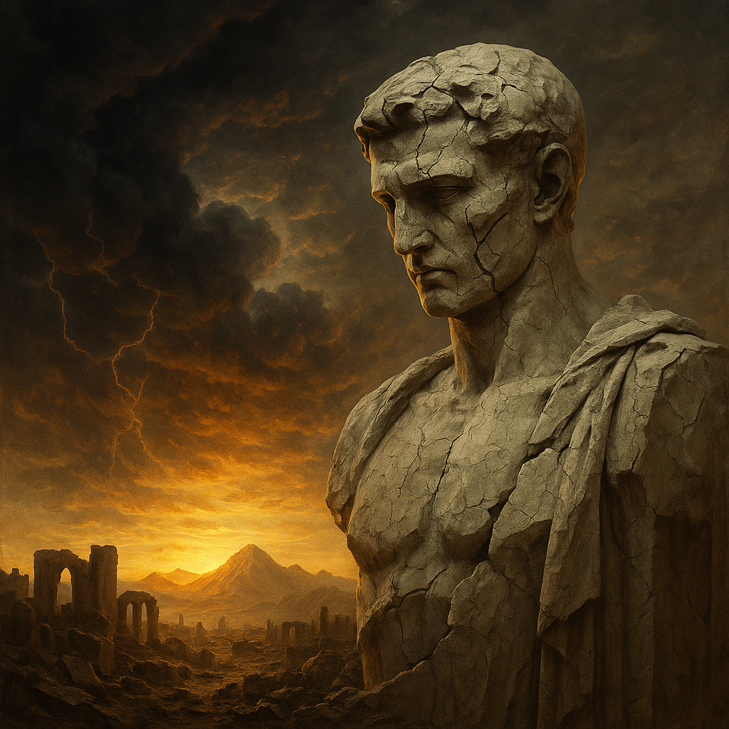 Crumbling statue beneath stormy sky with sunrise