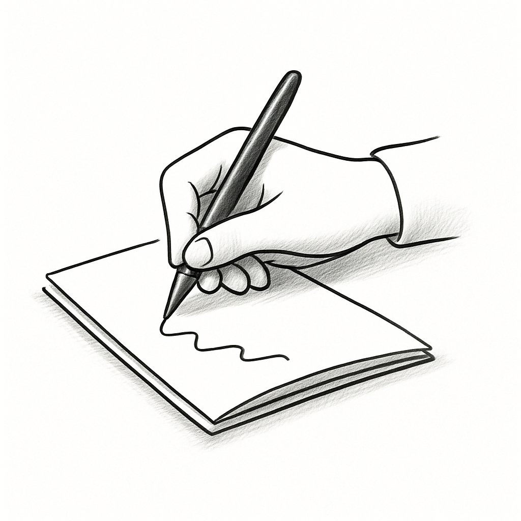 Line drawing of hand writing in notebook with pen
